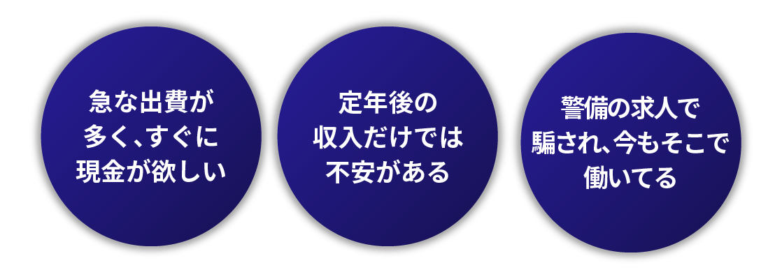 急な出費が多く、すぐに現金が欲しい
定年後の収入だけでは不安がある
警備の求人で騙され、今もそこで働いている