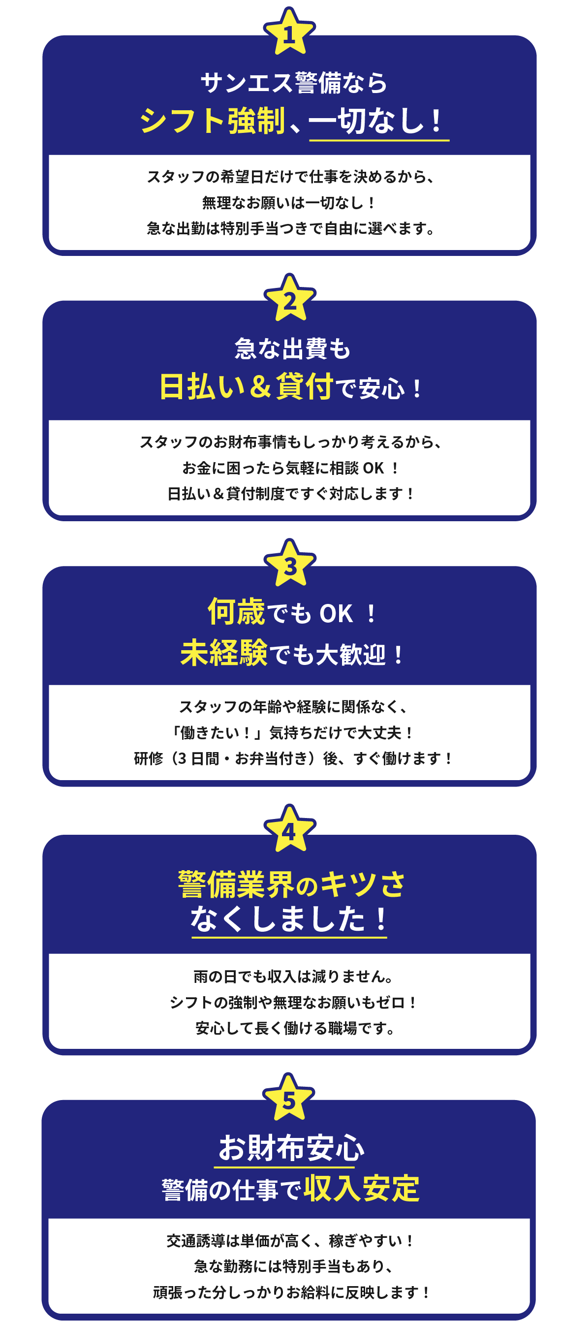 サンエス警備なら
シフト強制、一切なし!
スタッフの希望日だけで仕事を決めるから、
無理なお願いは一切なし!
急な出勤は特別手当つきで自由に選べます。
急な出費も
日払い&貸付で安心!
スタッフのお財布事情もしっかり考えるから、
お金に困ったら気軽に相談OK !
日払い&貸付制度ですぐ対応します!
何歳でもOK !
未経験でも大歓迎!
スタッフの年齢や経験に関係なく、
「 働きたい!」気持ちだけで大丈夫!
研修(3 日間・お弁当付き)後、すぐ働けます!
警備業界のキツさ
なくしました!
雨の日でも収入は減りません。
シフトの強制や無理なお願いもゼロ!
安心して長く働ける職場です。
お財布安心
警備の仕事で収入安定
交通誘導は単価が高く、稼ぎやすい!
急な勤務には特別手当もあり、
頑張った分しっかりお給料に反映します!